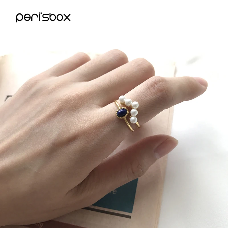 Peri'sBox, настоящее 925 пробы, серебряное, двойное, штабелирование, кольца для женщин, жемчуг, лазурит, обручальные кольца, регулируемые, открытые кольца