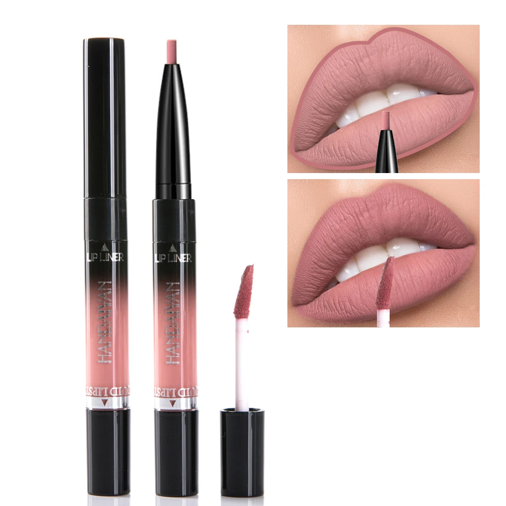 HANDAIYAN 2In1 Velvet Matte Lip Gloss Lip Liner Pencil Waterproof Long Lasting Pigments Makeup Lipgloss Nude Color Lip Liner Pen