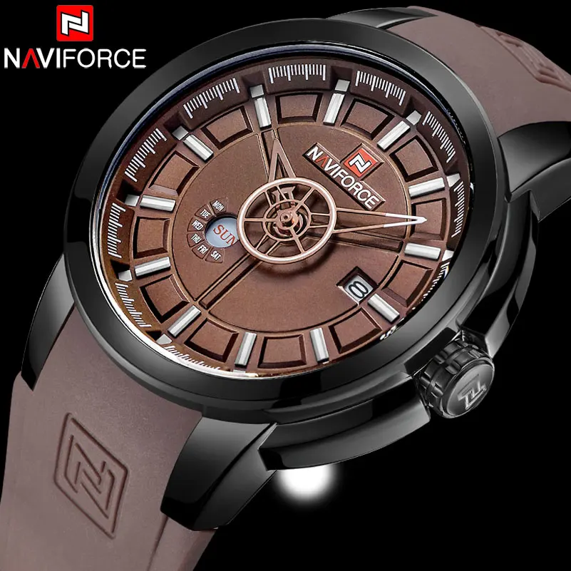 

NAVIFORCE Brand Men's Quartz Wach Men 30M Waterproof Sports Waches Coffee Rubber Band Calendar Wristwatches Relogio Masculino