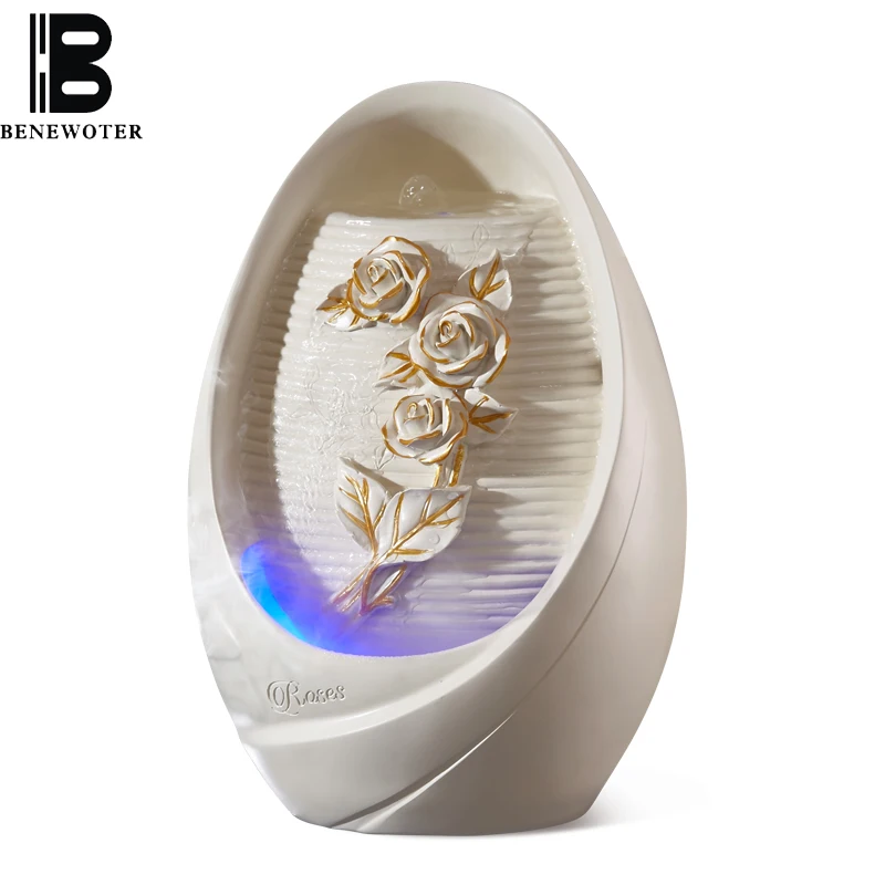 

110/220V Creative Handmade Carving Rose Flower Wedding Home Decor Resin Flowing Water Fountain LED Color Light Humidifier Gifts