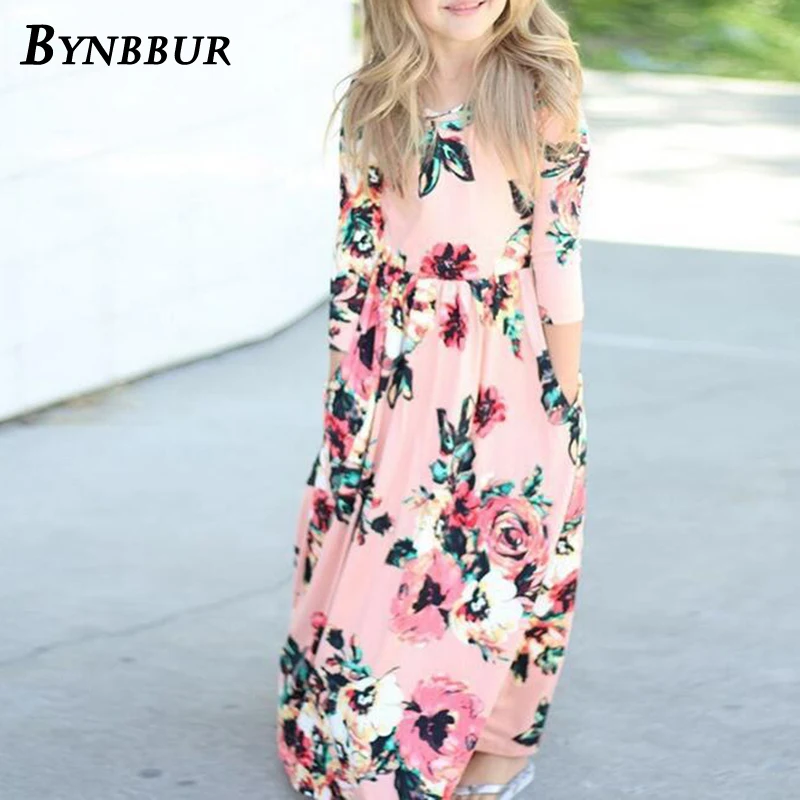 Bynbbur Floral Print Long Dress Girls With Pockets Party Dress Long Sleeve O Neck Soft Cute Baby Kid Girl Dress 2019 Summer New Bynbbur Floral Print Long Dress Girls With Pockets Party Dress Long Sleeve O Neck Soft Cute Baby Kid Girl Dress 2019 Summer New
