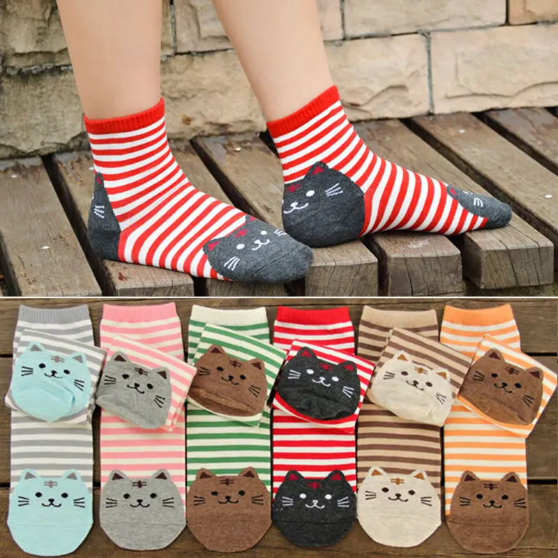 Women Girls Fashion Lovely Cute Cartoon Socks Lady Kitten Cotton Short