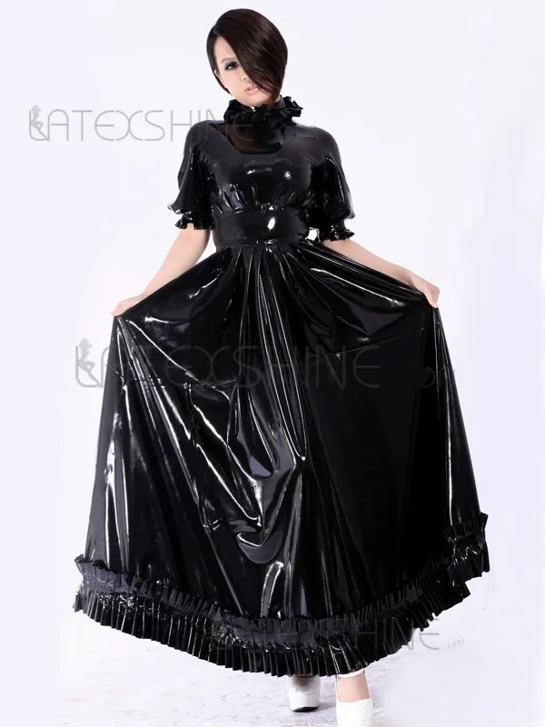 Vintage-Black-Short-Sleeve-Unisex-Latex-Exotic-Dress-with-Back-Zip