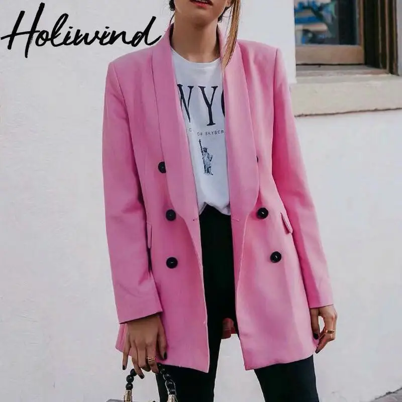 

2019 Spring Autumn Women Hot Pink Double Breasted Blazers chaqueta mujer