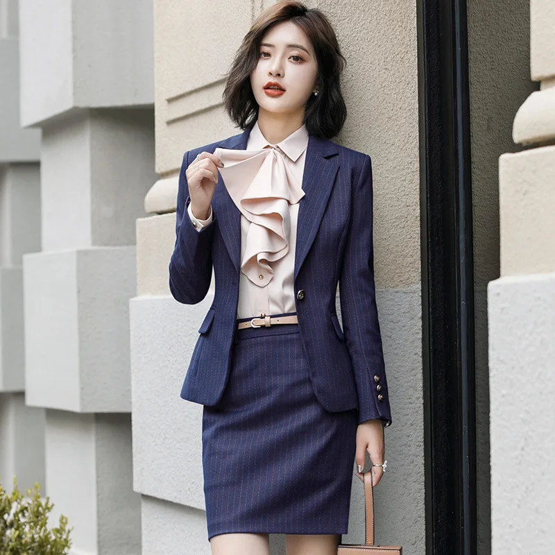 

Woman skirt Suit with Pockets Elegant Stripe Slim Fit Blazer+Skirt 2 Pieces Formal Career Skirt Suits Office Clothes XU973