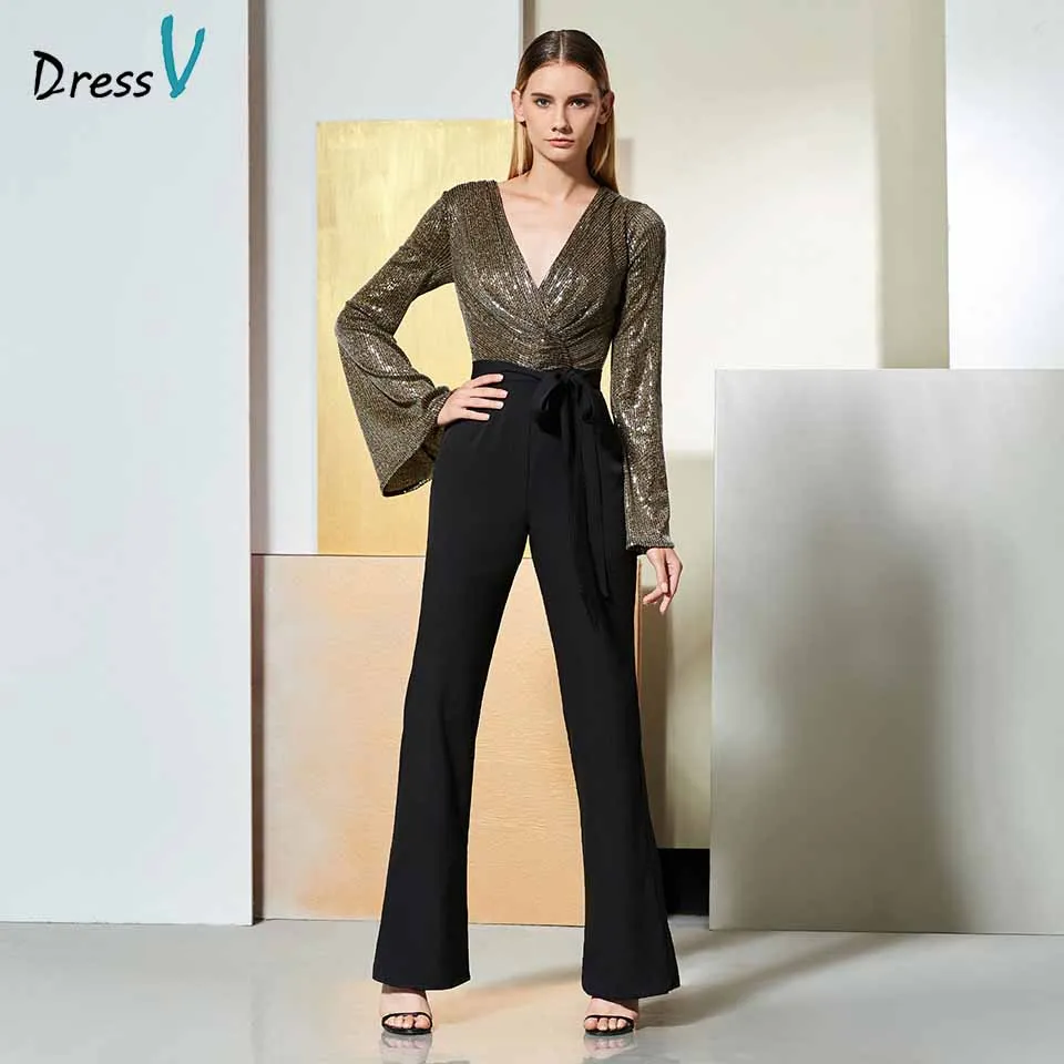 Dressv Черное вечернее платье с v образным вырезом длинными рукавами куртка брюками