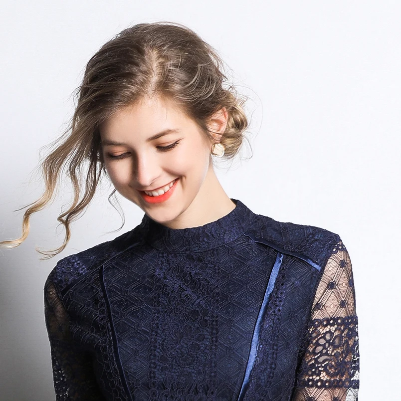 Skup W stylu Retro Big dnem sukienka z niebieskiej koronki Zomerjurk Dames 2019 wiosna z długim rękawem Retro na przyjęcie sukienka Vestidos Invierno K5786