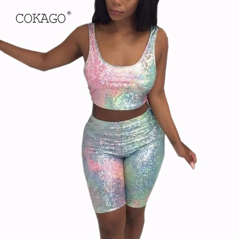 

COKAGO Sexy Holographic Women's Two Piece Set Crop Top + Biker Shorts 2 Piece Sets Women Club Outfits Summer Festival Clothing