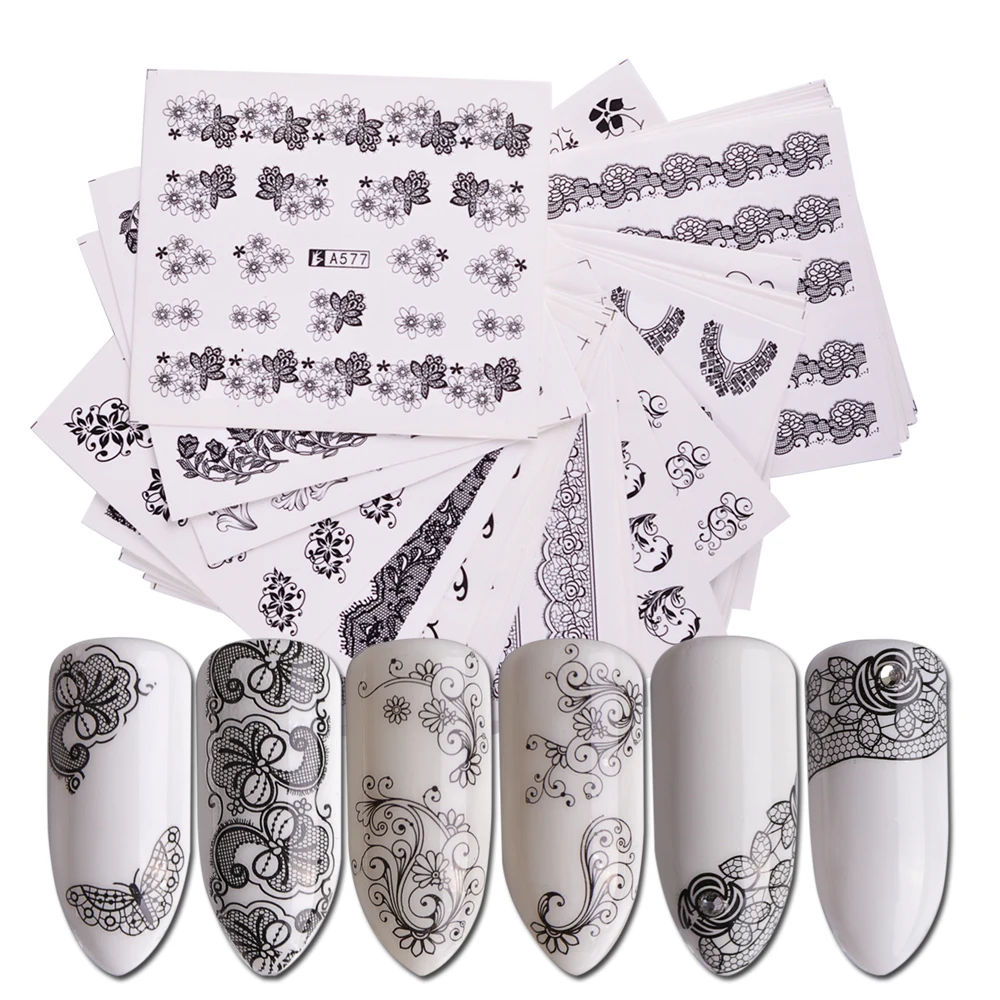40 шт, белые, черные наклейки для ногтей, переводные наклейки с водой, кружевные цветы, Бабочка, слайдер для украшения ногтей, маникюрные JIA577-624