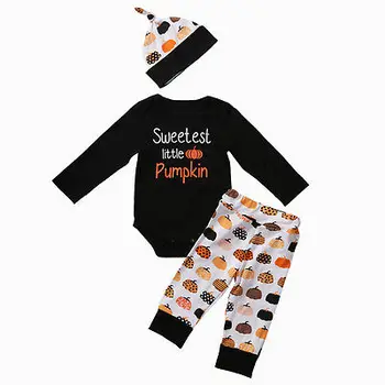 

Pudcoco 3PCS Pumpkin Newborn Baby Boy Girl Hallowen Bodysuit Tops + Long Leggings Pants + Hats Outfit Clothes Set