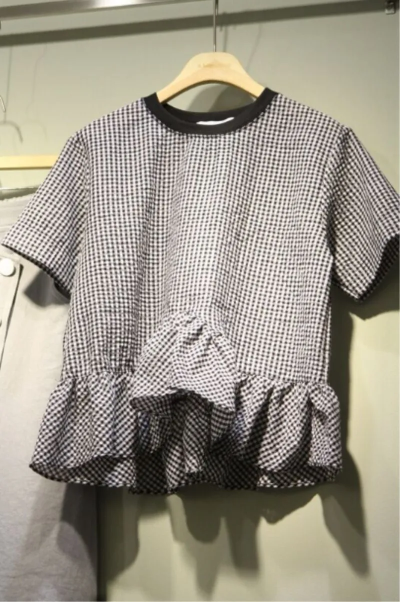 

Spring and Summer 2019 New Korean Cotton Causal T-shirts Temperament Lotus Leaf Round-collar Short-sleeved Plaid T-shirt