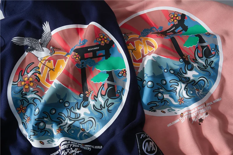 Японский вышитый журавли флисовая толстовка уличная Мужская Женская хип-хоп Повседневный пуловер толстовки розовый темно-синий