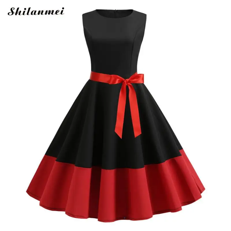 

2019 Summer New Women Vintage 50s 60s Retro Sleeveless Red Black Patchwork Bow Swing Dress Female Sweet Princess Party Dress