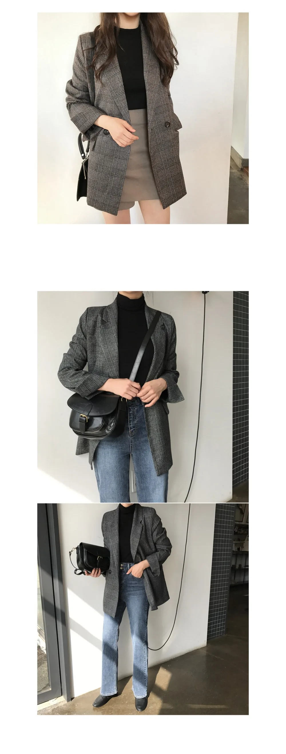 Women's Check Long Sleeve Cotton Jacket Causual Vintage Coat Plaid Blazer