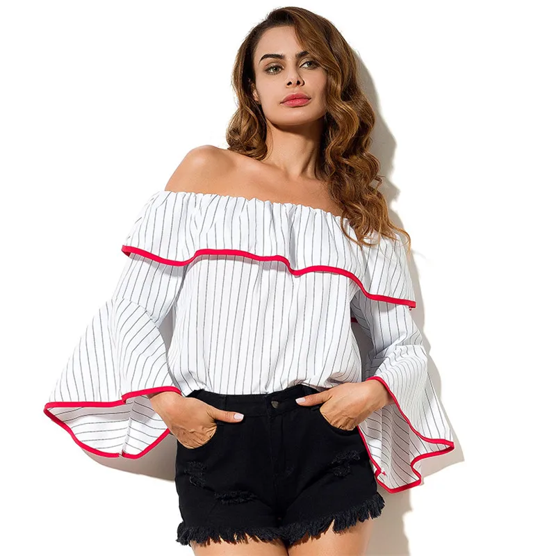 WKOUD 2018 Women's Striped Tops Fashion Slash Neck Ruffles