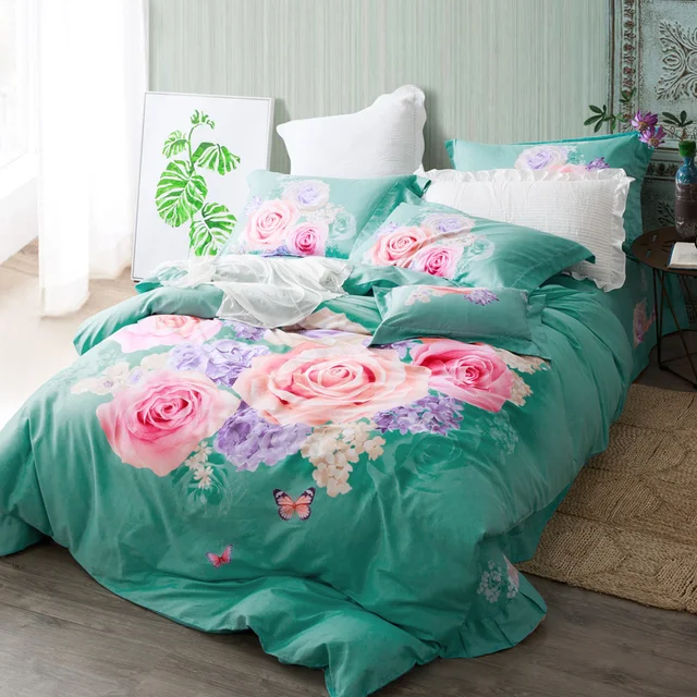 Pink Rose Print Turquoise Green Bedding Set Queen King Size Duvet Pink Rose Print Turquoise Green Bedding Set Queen King Size Duvet Covers Bed Sheets 100