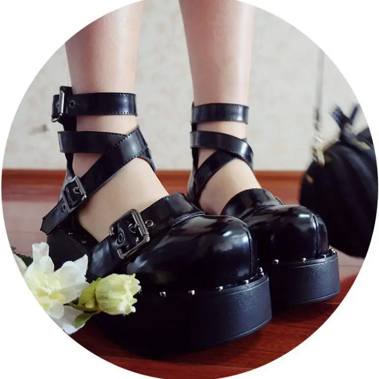 

women ladies princess Japanese black Lolita Sneakers platform Shoes BLACK DARK PLATFORM Student Princess Girl Cosplay Shoes