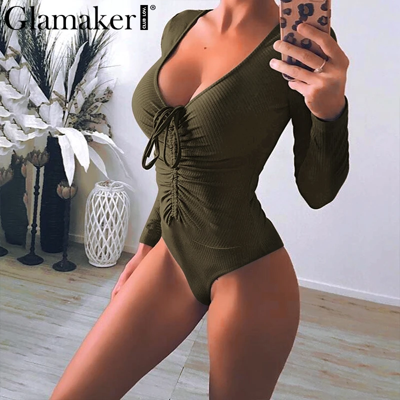 

Glamaker Black long sleeve sexy lace up bodysuit Women summer front drawstring bodysuit spring party club playsuit overalls knit