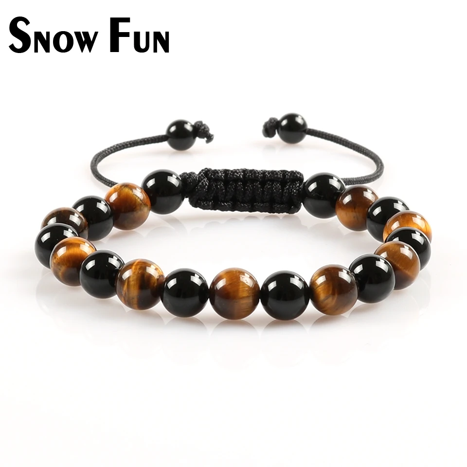 

Snow Fun 8mm Black Agate Beads and Tiger's Eye Stone Mix Bead Woven Rope Bracelet for Women and Men Birthday Gift