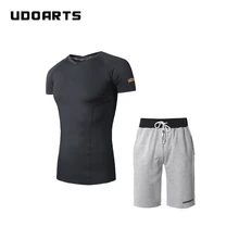 Udoarts двойным v-образным вырезом сжатия Футболка и серые Шорты Для женщин-Фитнес Йога Бег Обучающий набор для Для мужчин