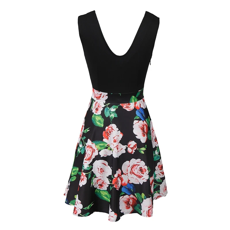 Women Elegant Vintage Print Floral Tunic V Neck One Piece Dress Suit Patchwork Casual Party Work Fit Flare Skater Dress Suit NEW
