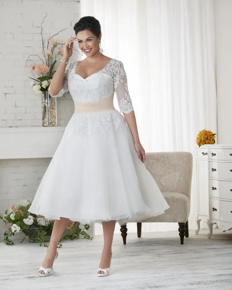 Tea Length Plus Size Wedding Dress With Half Sleeves Liques Tea Length Plus Size Wedding Dress With