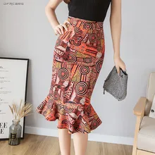 4XL 5XL плюс размер печати русалка юбка женская осень высокая Талия Bodycon винтажная сексуальная стрейч миди юбки труба