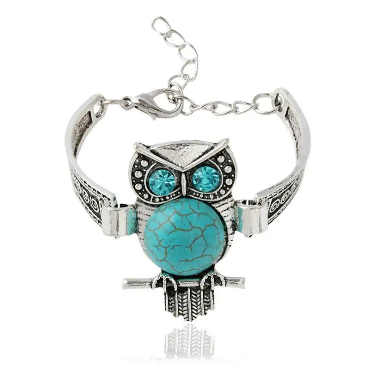 

High Quality Antique Silver Color Zinc Alloy Metal Elegant Fashion Popular Adjustable Size Owl Shaped Chain Bracelet Bangle
