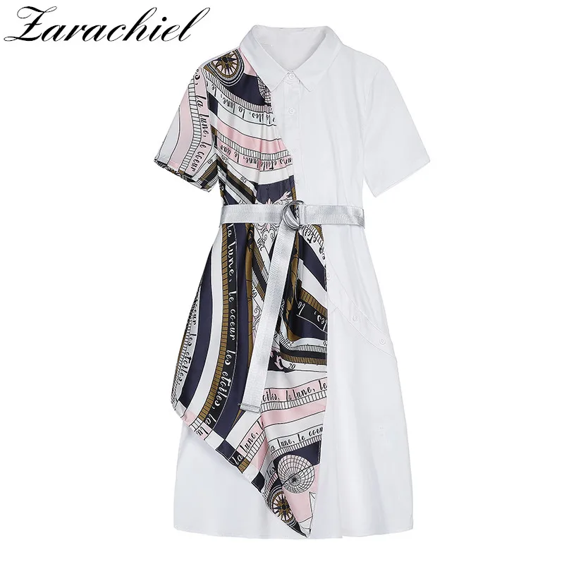 

Fashion Printed Silk Scarf Patchwork Shirt Dress 2019 Summer Women Sashes Short Sleeve Single-Row Button Pocket Runway Dress