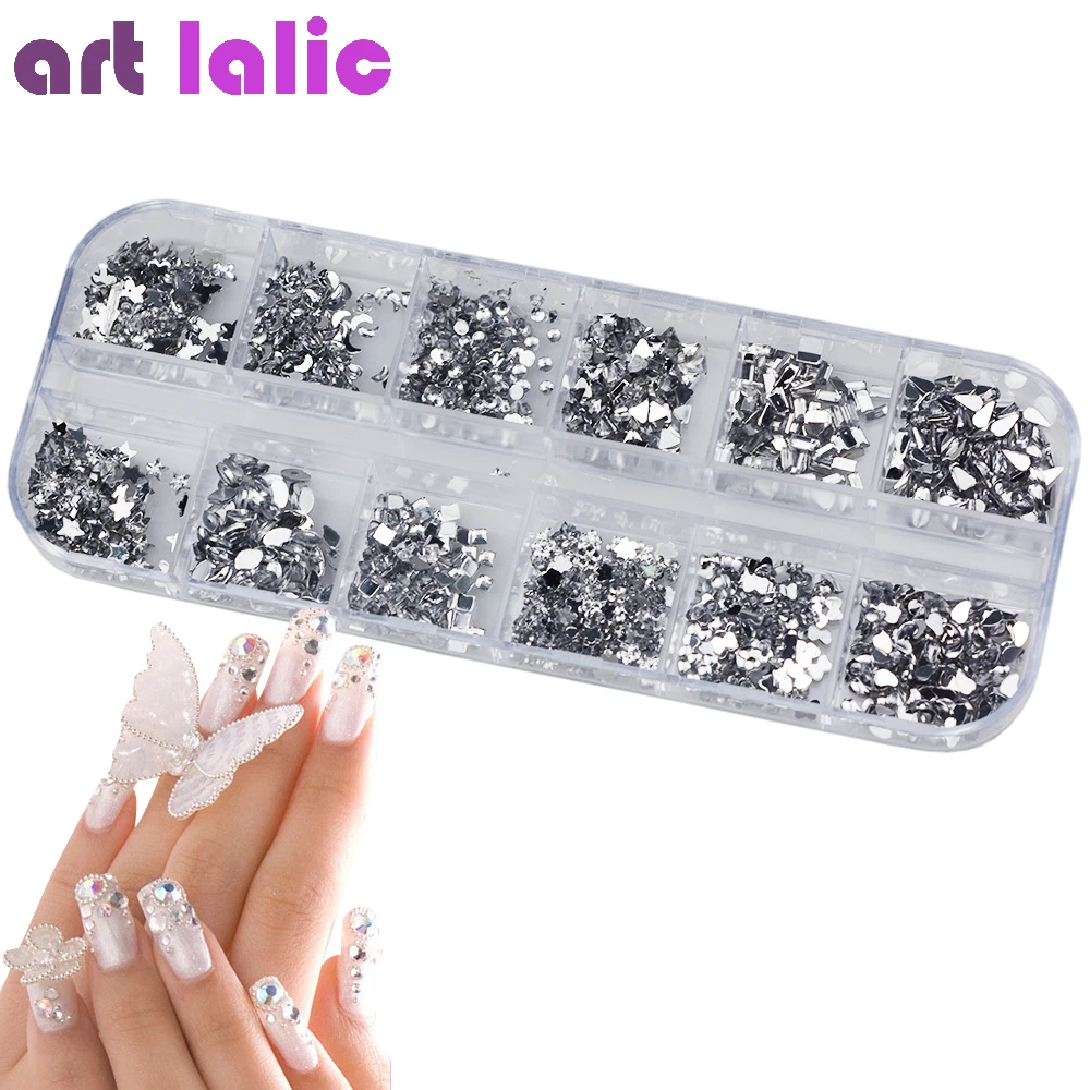 

1 Case 12 Mix Crystal Rhinestones Nail Art Tips Crystal Glue DIY Glitter Studs Designs Manicure Transparent Mixed Size 3D Stones