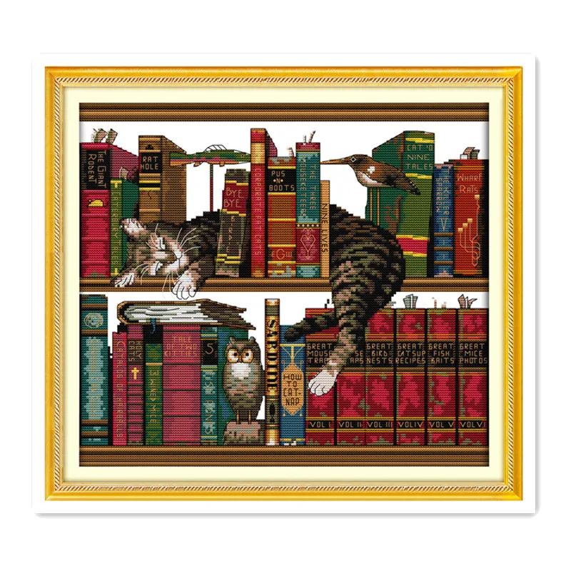Котенок ручной работы Сделай Сам Набор для вышивки крестиком книги на полках мебели кошки шитье вышитая хлопчатобумажная ткань