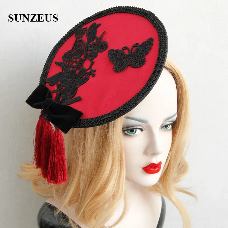 Unique Wine Red Tassel Bridal Hats With Black Lace Butterfly High Quality Party Hat New Headwear