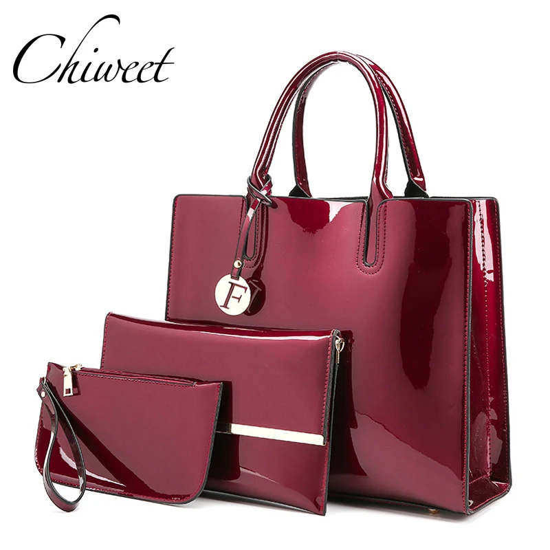 Women Brand Bright Surface Composite Bag 3 Set Large Big Tote Bag Ladies Purse And Handbags ...