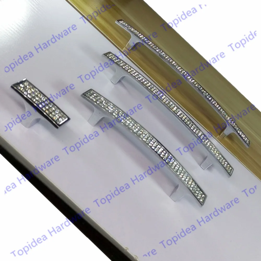 20pcs C:C: 96mm/128mm/160mm Crystal Cabinet Dresser Drawer Pulls Rhinestone Glass Kitchen Furniture Handle Silver Single Knob