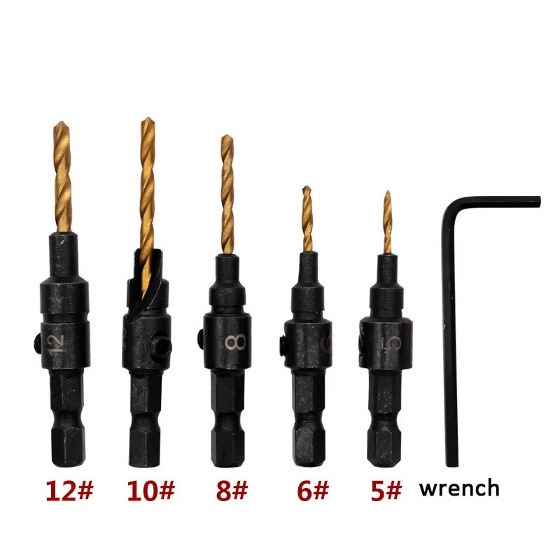 5 шт. Зенковка сверло деревообрабатывающий набор сверл сверло сверление пилотные отверстия с шестигранным ключом титановое покрытие#5#6#8#10#12