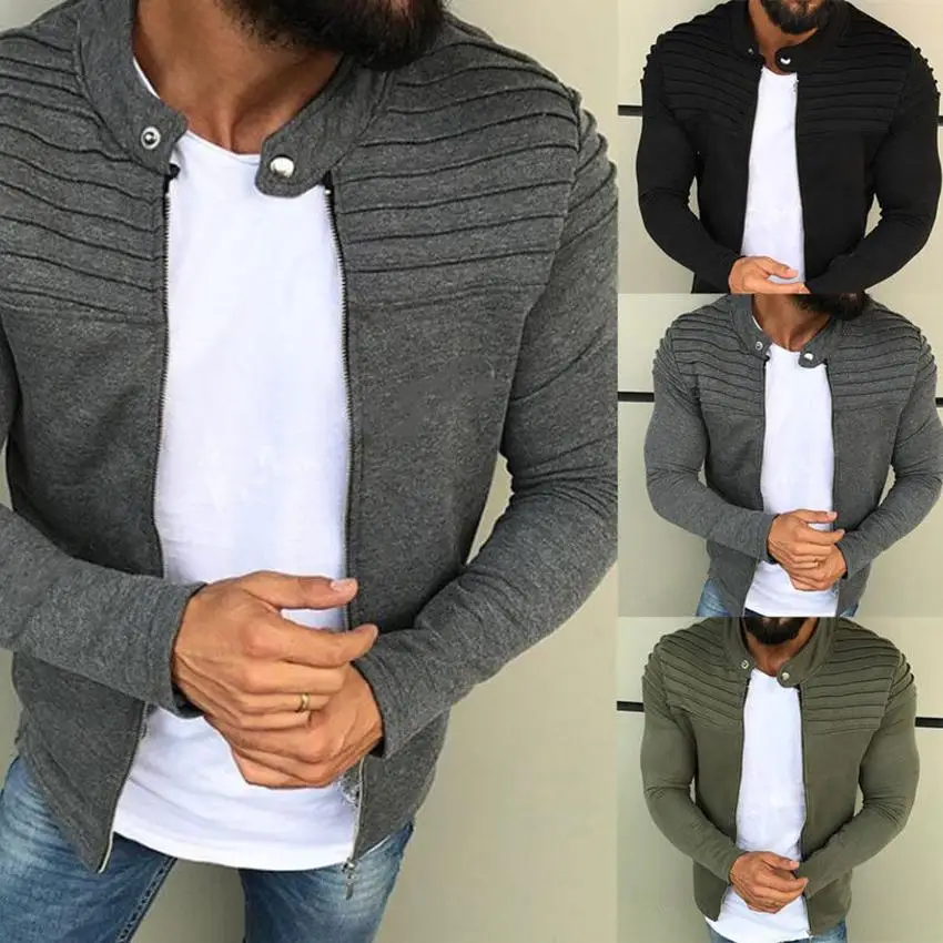 

Men's Solid Color Warm Jacket Autumn Winter Streetwear Mens Clothing Pleated Sleeve Slim Stripe Zipper Long Sleeve Jackets