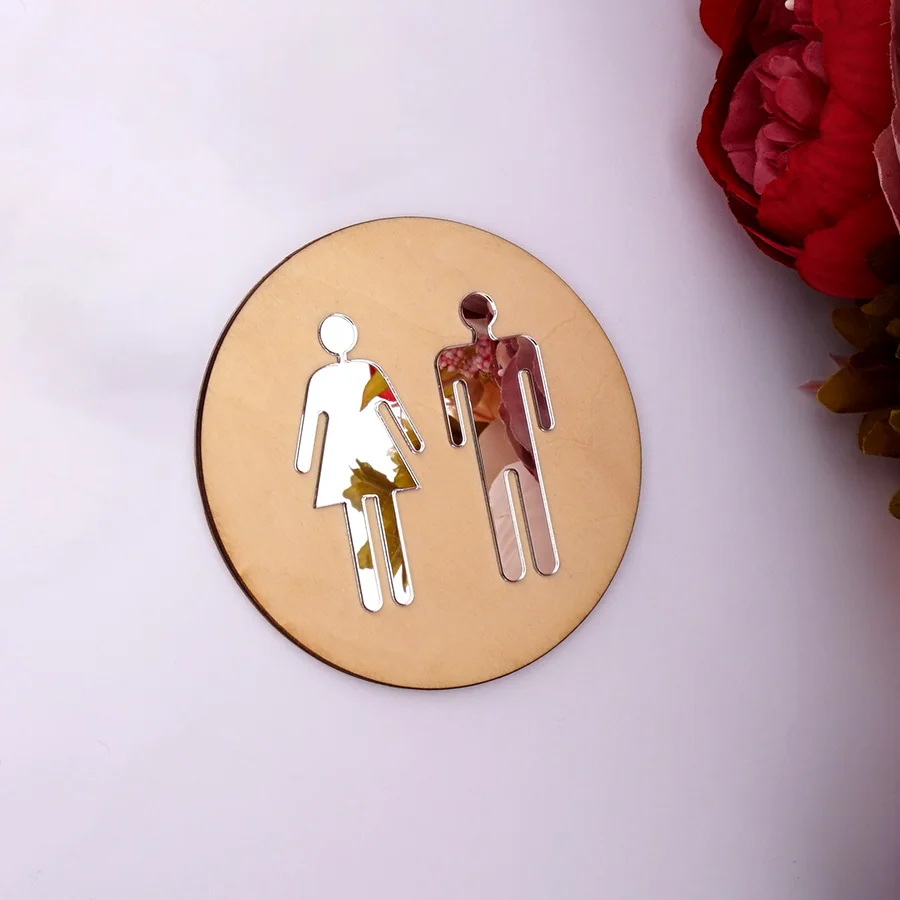 

5mm Wooden Round Toilet Door Sign Bathroom WC Acrylic 3d Black Gold Silver Mirror Surface Wall Sticker Home Decor Favor