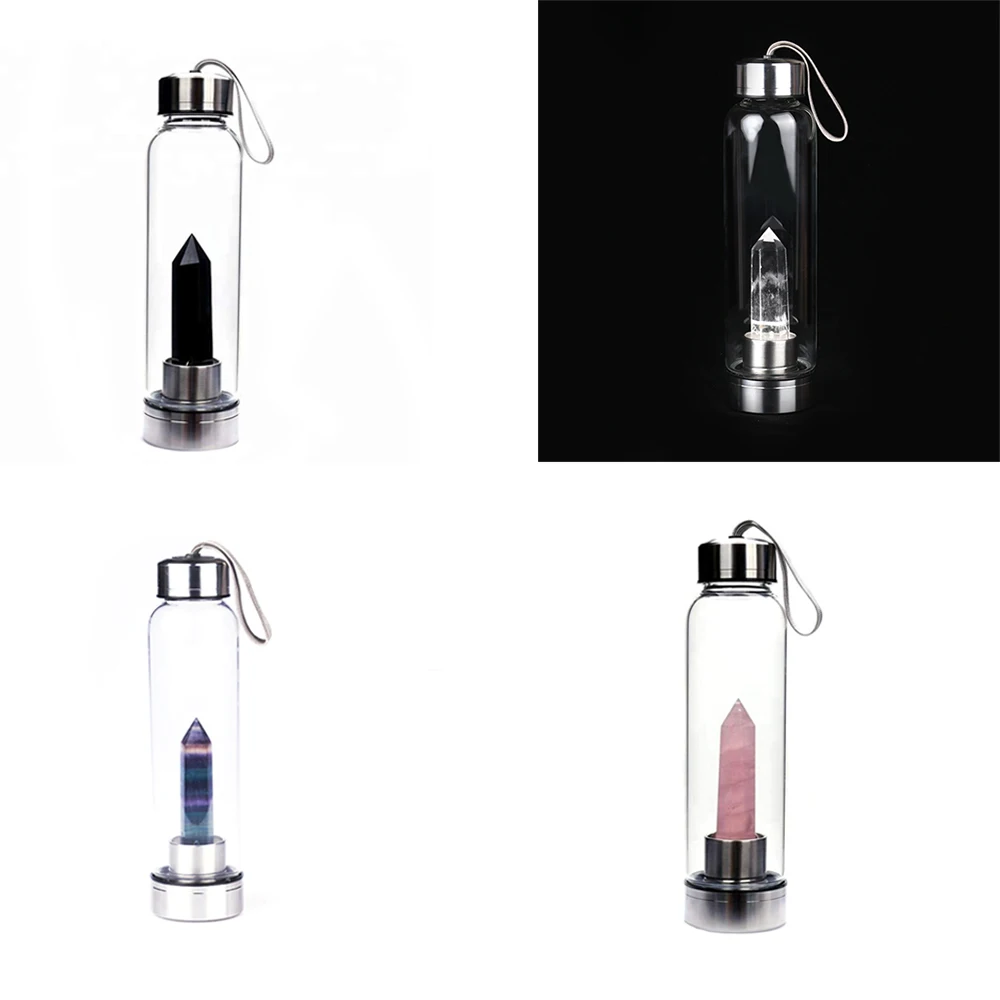 

2019 New Useful Portable Outdoor Drink Natural Crystal Point Healing Obelisk Wand Elixir Quartz Crystal Water Bottle Tools