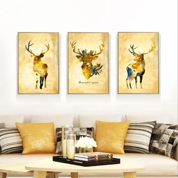 

Triptych Abstract Gold Deer Canvas Painting Noble Art Print Paintings Wall Picture For Living Room Nordic Style Home Decor