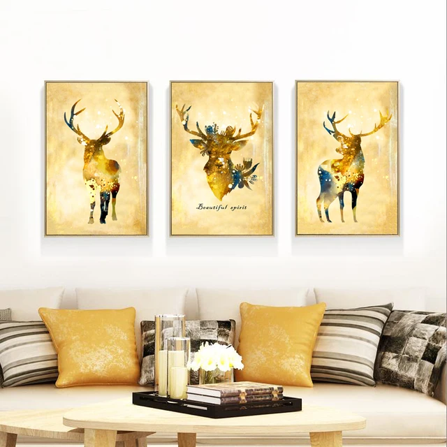 Gemälde Wohnzimmer, triptychon abstrakte gold hirsch leinwand malerei edle kunstdruck, Design ideen