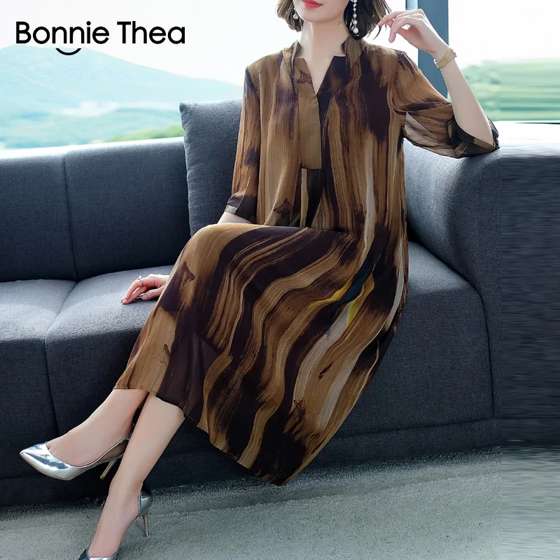 

Bonnie Thea summer striped chiffon loose dress female elegant oversize party dress vestido lady office big size dress 2019