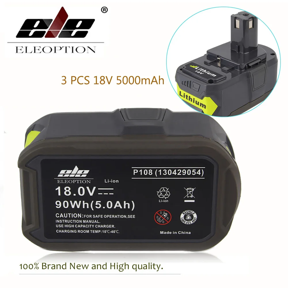 

ELE ELEOPTION 3PCS 18V 5000mAh Li-Ion Rechargeable 18V Lithium Battery For Ryobi P108 RB18L40 P2000 P310 For ONE+ BIW180