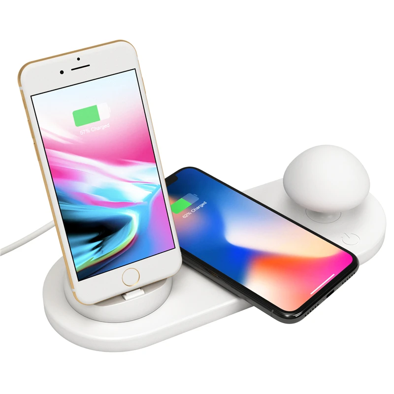 

New 3 in 1 Multi USB Charging Dock Station Qi Wireless Charger with Mushroom Light for iOS/Micro/Type-C and All Qi-Enabled Phone
