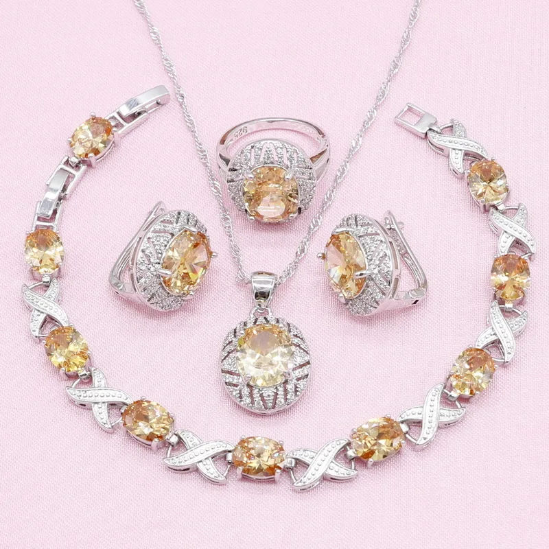 925 стерлингового серебра ювелирные наборы для женщин шампанское оранжевый Цирконий Браслет серьги ожерелье кулон кольцо подарок на день рождения
