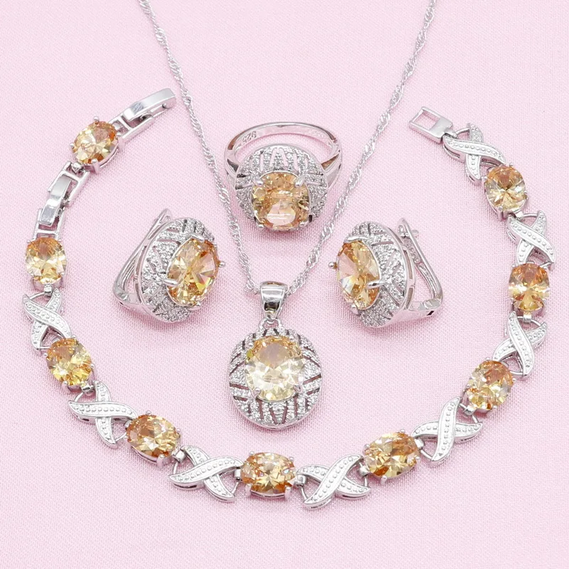 

925 Sterling Silver Jewelry Sets for Women Champagne Orange Zirconia Bracelet Earrings Necklace Pendant Ring Birthday Gift