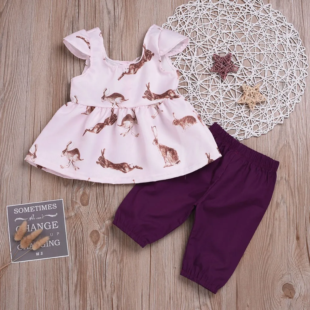 

MUQGEW Toddler Baby Girls Clothes Set Children Girl Sleeveless Rabbit Print Tops Shirt+Pants Leggings 2Pcs Baby Girl Set Outfits
