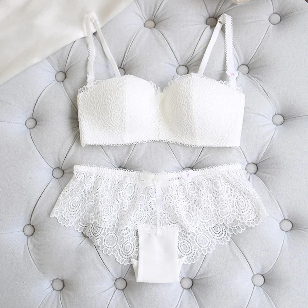 

YANDW White Lace bralette Push Up Bra Set women B C 1/2 Cups Underwear Lingerie Sexy Panties Gift For Female Quality Wire Free