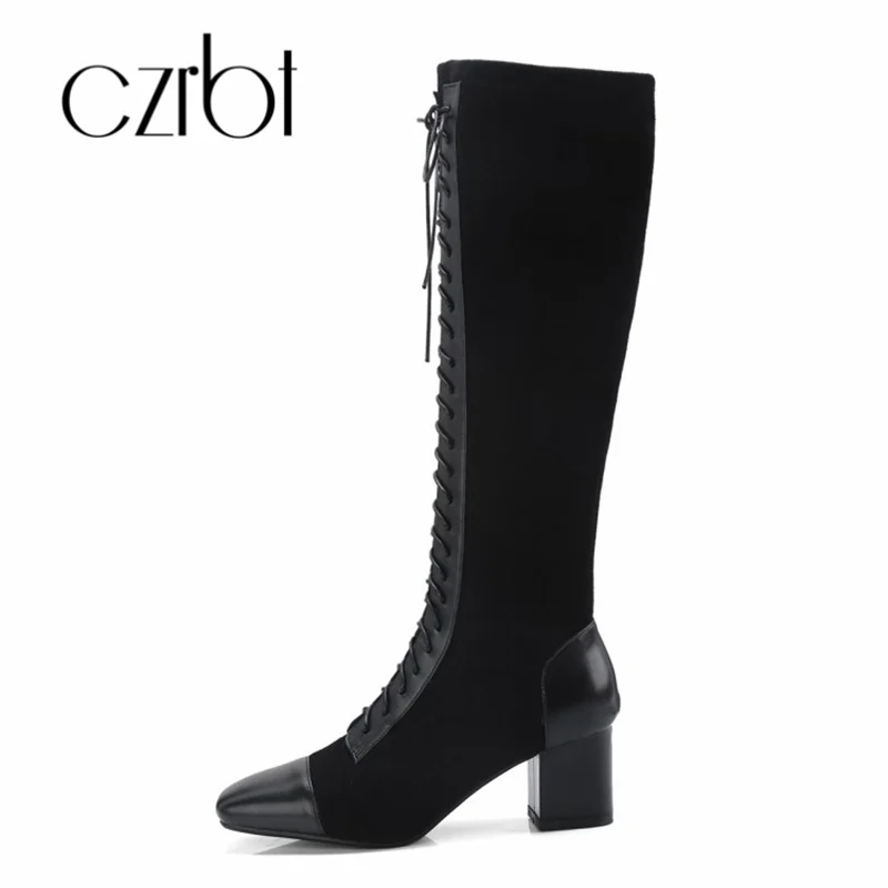 

czrbt High Heels Knee High Boots Square Toe Cross Tied Footwear Stretch Flock Women boots Fashion Shoes Woman 2018 Autumn New