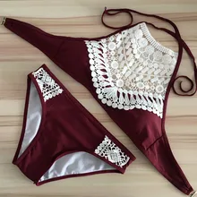 Black Wine Red Lace Cropped Swimsuit High Neck Tank Bathing font b Suit b font Beach