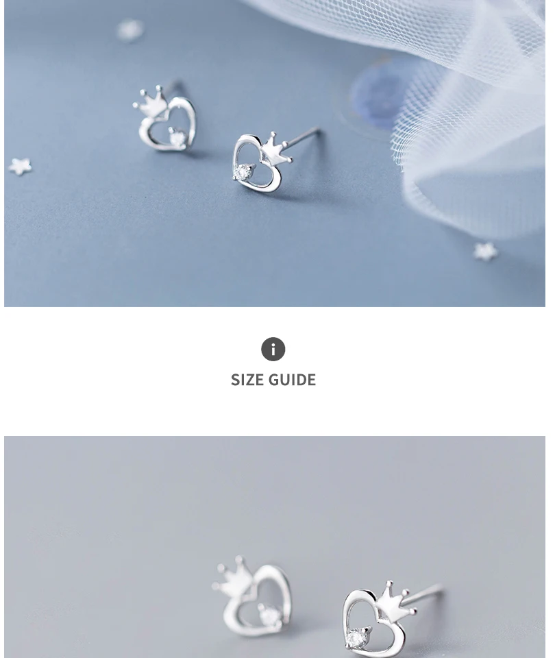 New 100% 925 Sterling Silver Hypoallergenic Crown Heart Earrings Zircon Stud Earring for Women Girl Simple Jewelry Brincos 2018 (3)